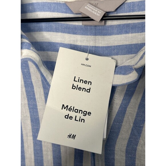 NWT H&M Button-Up Shirt Blue White Striped Large Long Sleeve Linen Blend Preppy - Picture 3 of 5